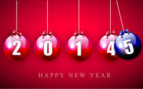 Red and blue festive baubles arranged to form the transition from 2014 to 2015, with the caption 'Happy New Year' beneath them.