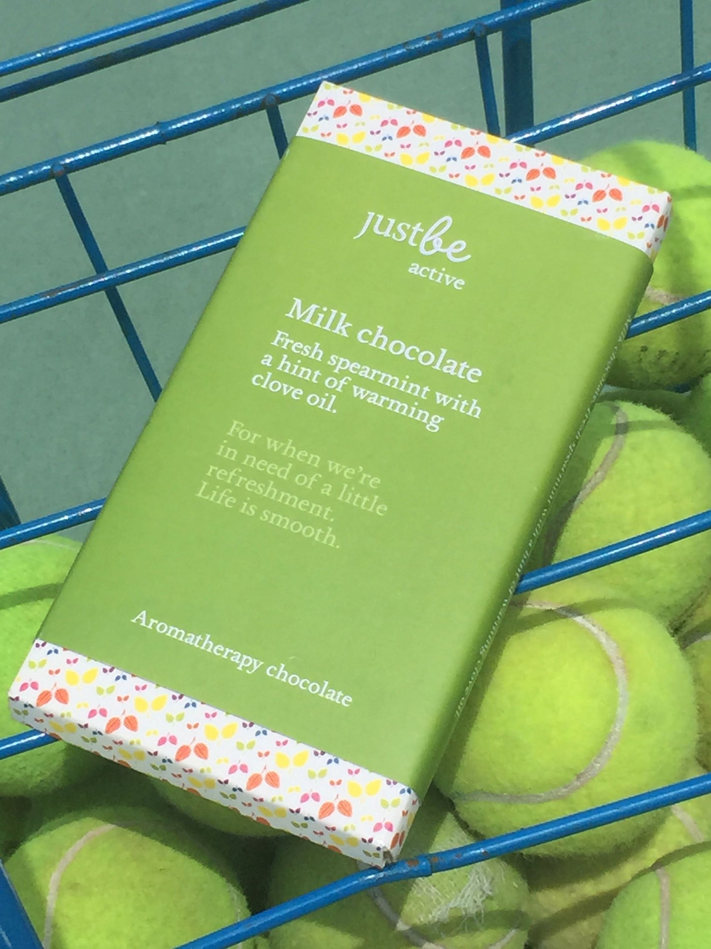 JustBe Botanicals Artisan Active Chocolate Bar 100g with tennis balls