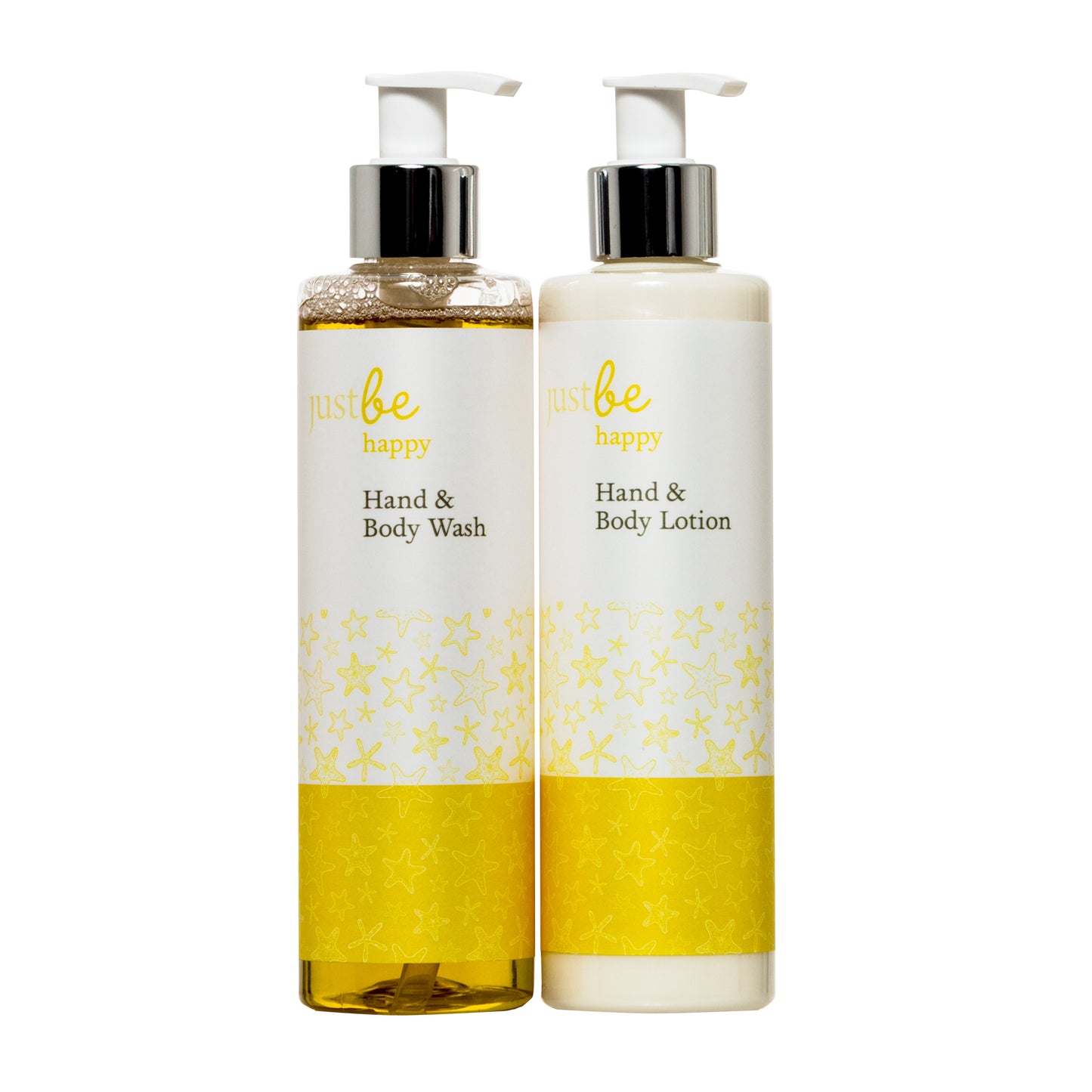 JustBe Happy hand and body wash and lotion with pump dispensers. The plastic clear bottles have a white and yellow labels with star fish design elements.