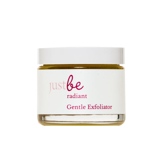 JustBe Radiant Gentle Exfoliator in glass jar with white lid – face scrub with jojoba beads and citrus oils for glowing, smooth skin.