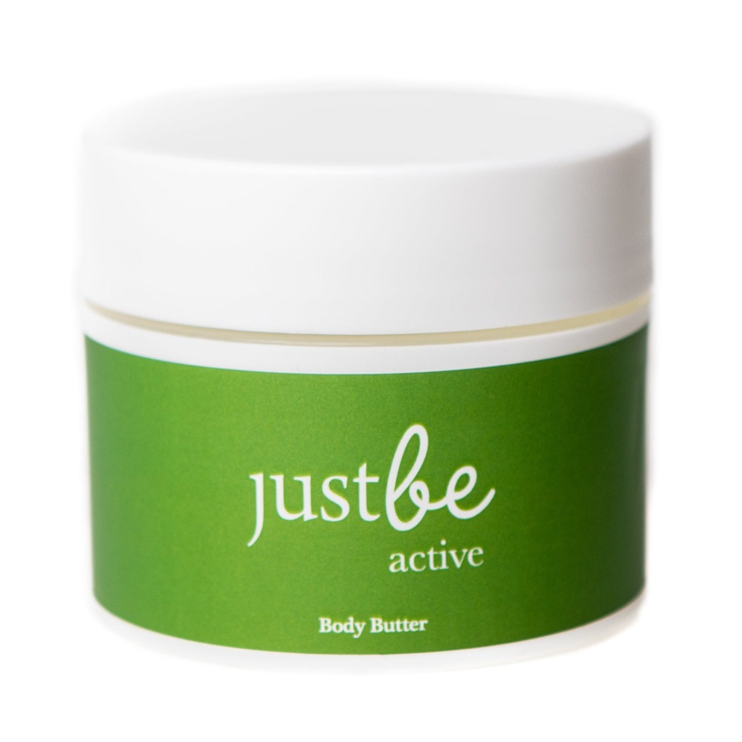 JustBe Botanicals Body Butter in white jar with bright green label with white writing