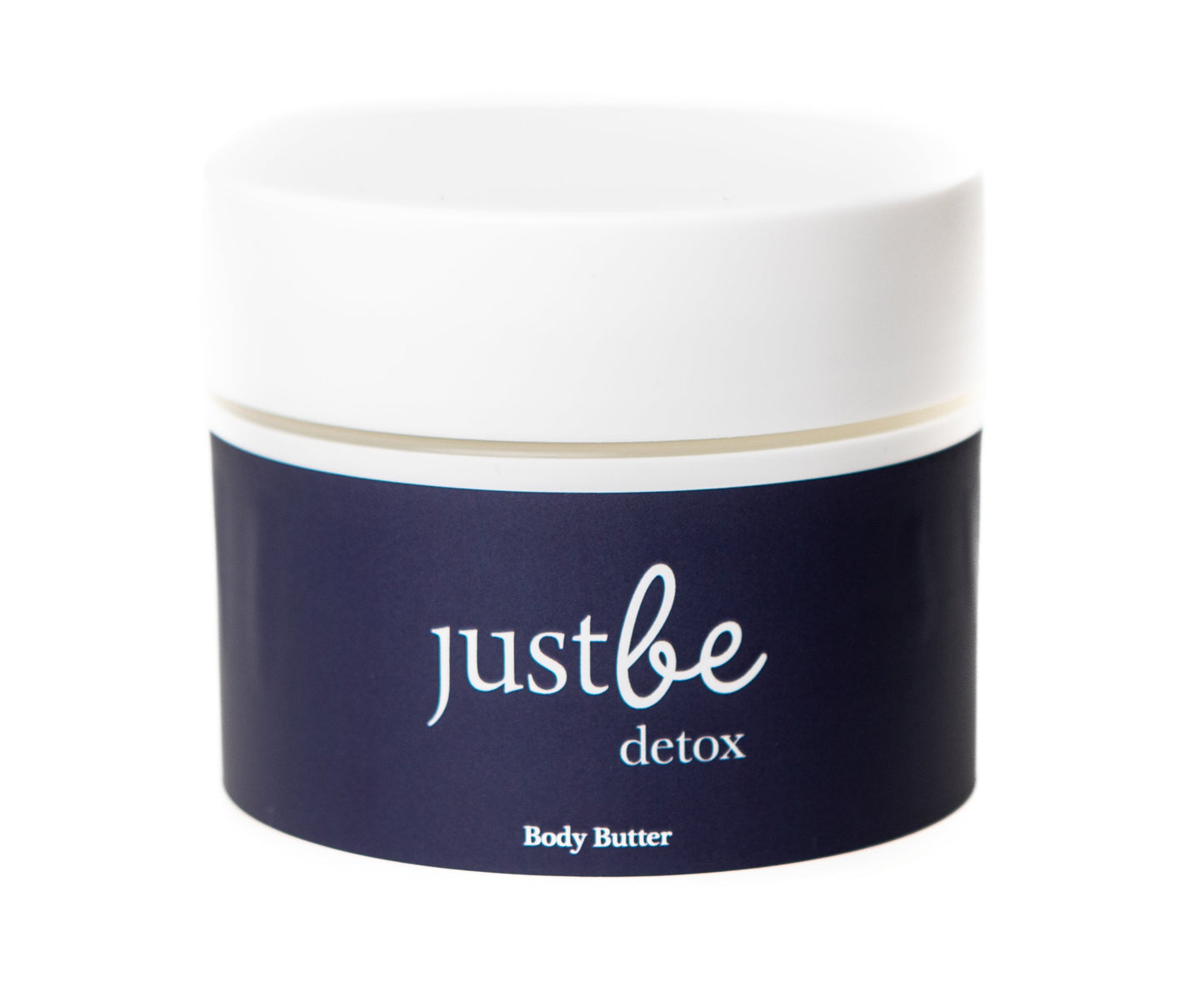 White jar of just be detox body butter with a navy label on a white background
