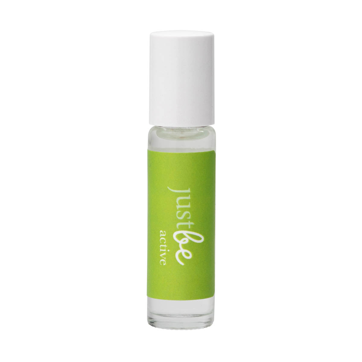 JustBe Active pulse point oil: warming aromatherapy blend to invigorate and motivate the mind. In a rollerball bottle with bright green label and white cap.