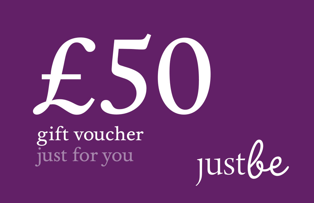 JustBe Botanicals £50 gift voucher with white text on a deep purple background, featuring the phrase “just for you” and the JustBe logo.