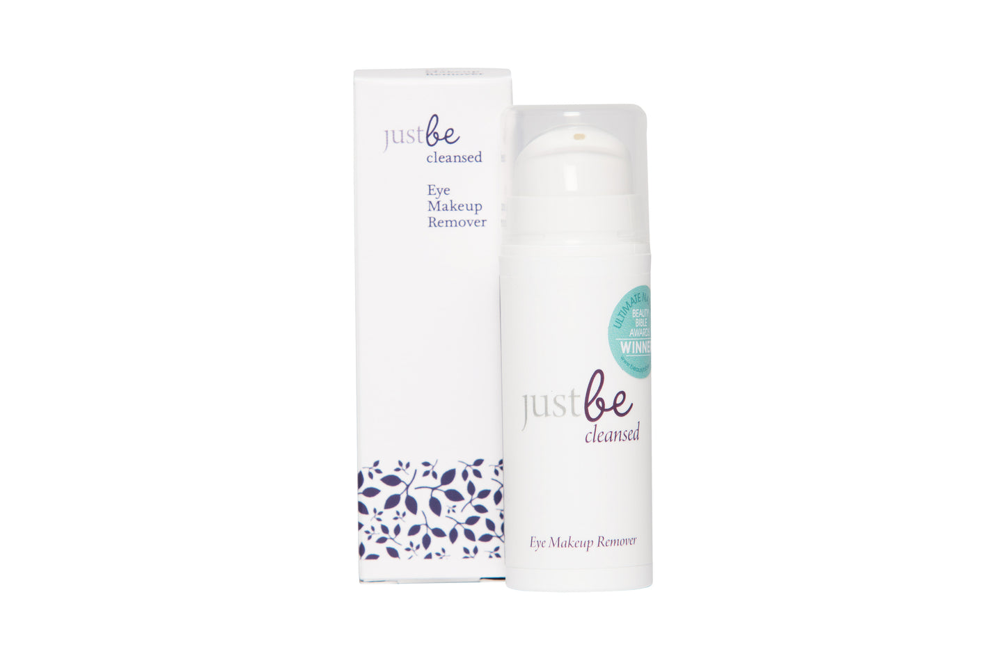 JustBe Botanicals Eye Makeup Remover in white pump bottle beside box.