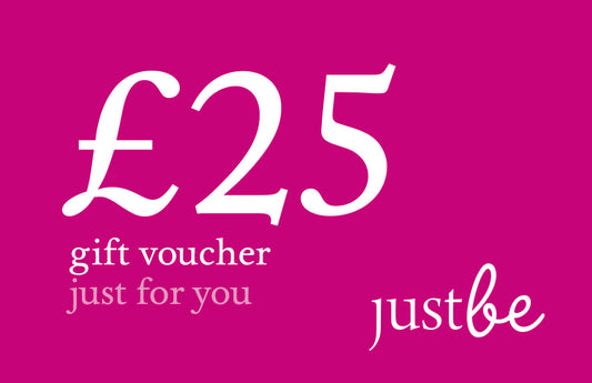 JustBe Botanicals £25 gift voucher with white text on a vibrant pink background, featuring the message “just for you” and the JustBe logo.