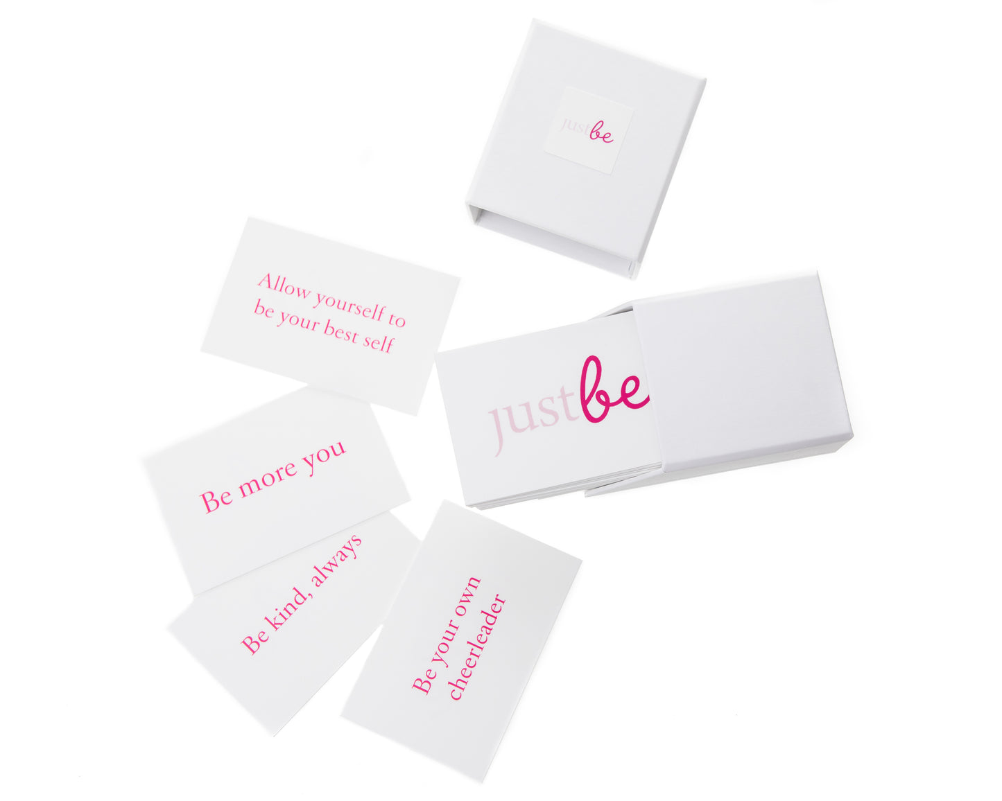 JustBe Kind Inspiration Cards displayed with a white box. Several cards are visible, each with pink text featuring affirmations such as “Allow yourself to be your best self” “Be more you” and “Be kind, always.”