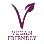 Vegan friendly icon with purple V-shaped leaf design, indicates plant-based skincare suitable for vegans.