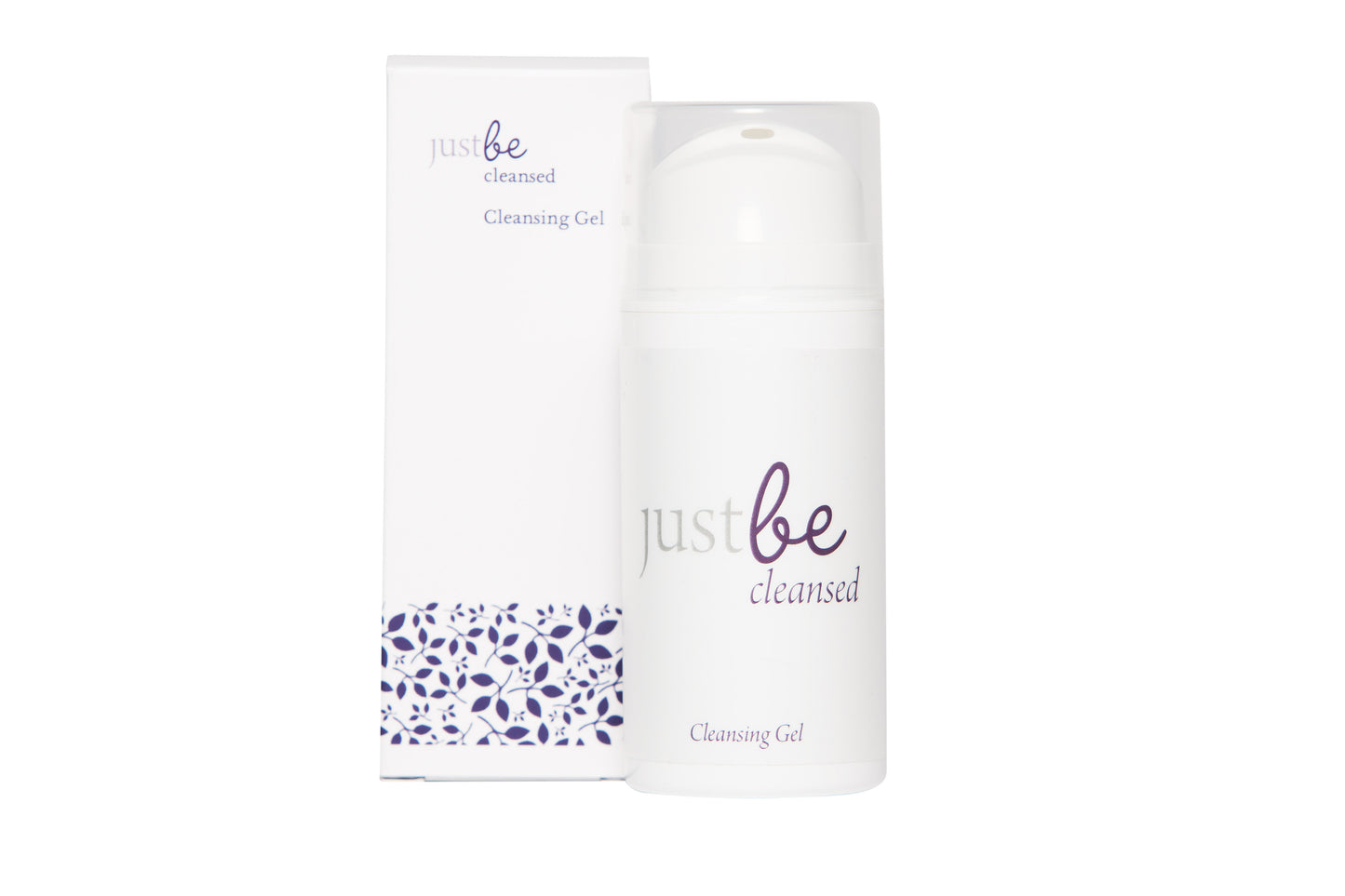 JustBe Botanicals Cleansing Gel with packaging - natural, gentle face cleanser in a white pump bottle designed to refresh and purify sensitive skin