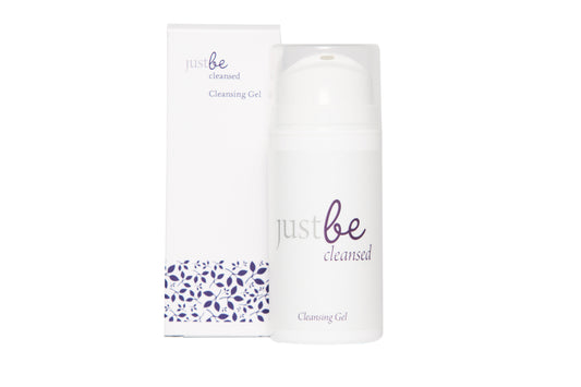 JustBe Botanicals Cleansing Gel with packaging - natural, gentle face cleanser in a white pump bottle designed to refresh and purify sensitive skin