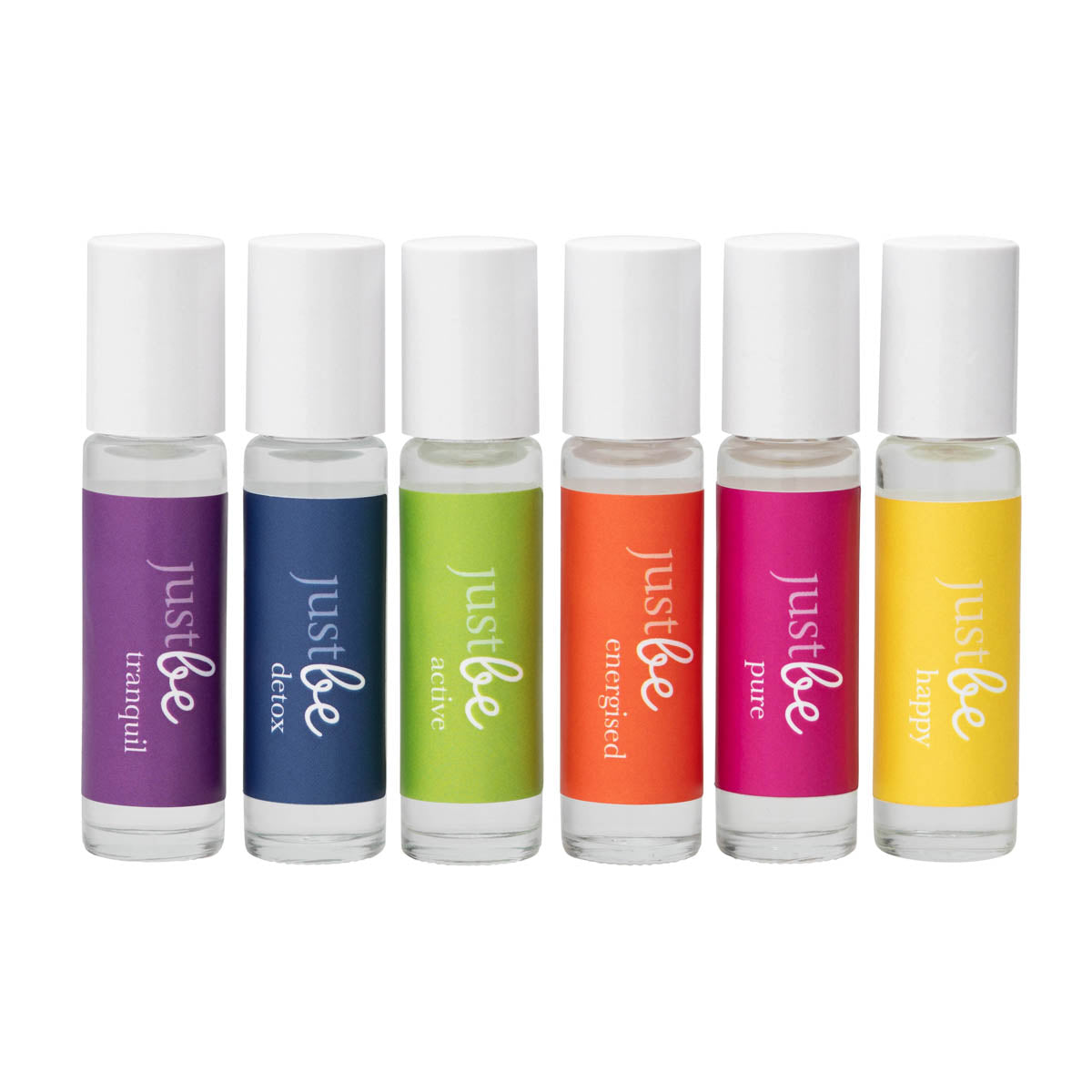 A collection of six aromatherapy rollerballs in various colors, each labeled with the brand 'JustBe'.