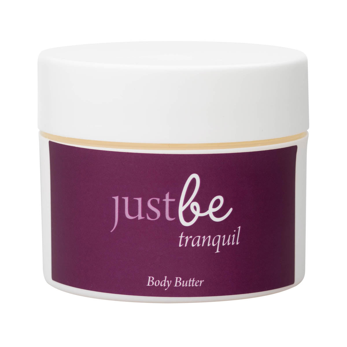 A jar of JustBe Tranquil Body Butter with a purple label and white lid.