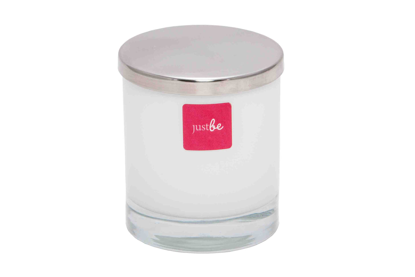 JustBe Botanicals Aromatherapy Festive Soy Candle in white glass container with silver lid