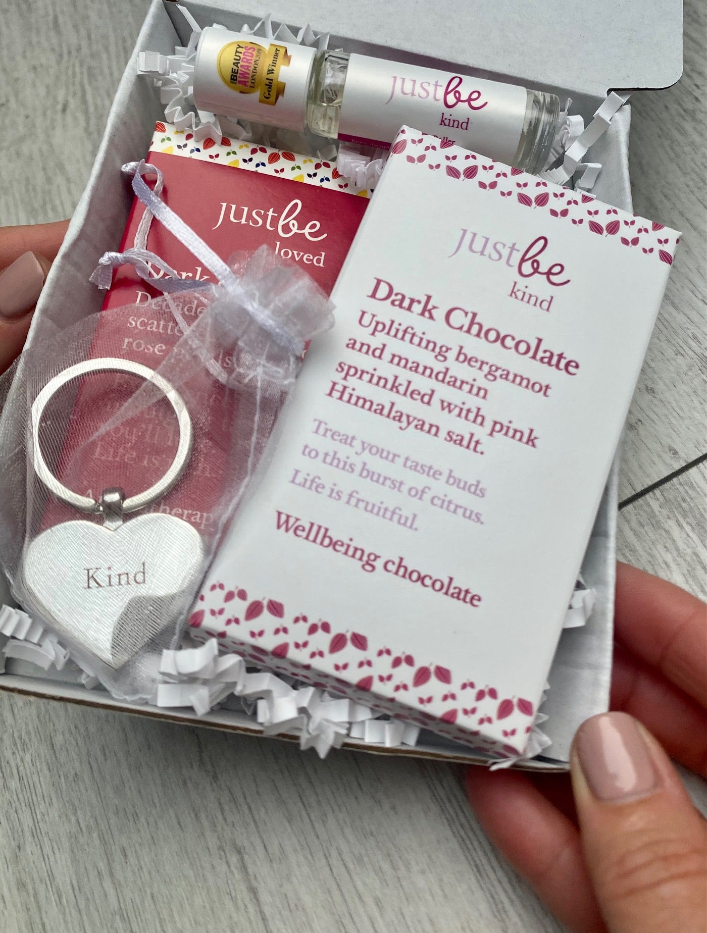Wellbeing Letterbox Gift Set: Chocolate, Keyring & Rollerball