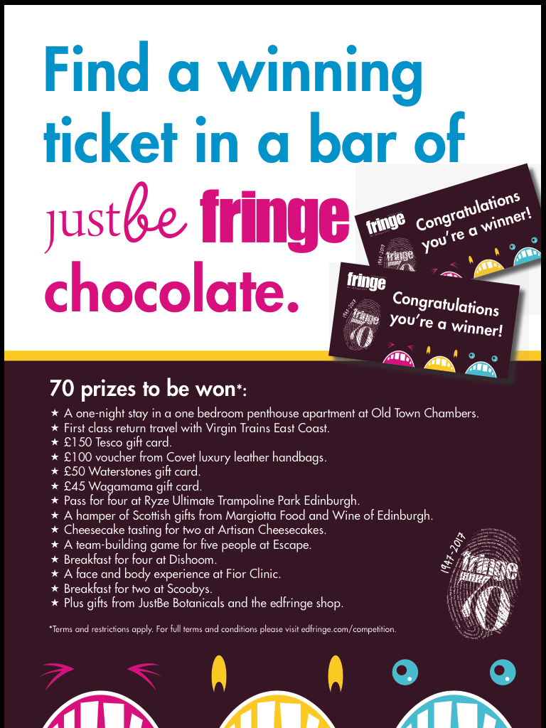 Poster for Golden Ticket promotion for JustBe Fringe Chocolate bars