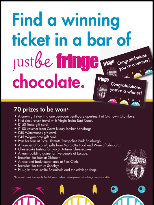 Poster for Golden Ticket promotion for JustBe Fringe Chocolate bars