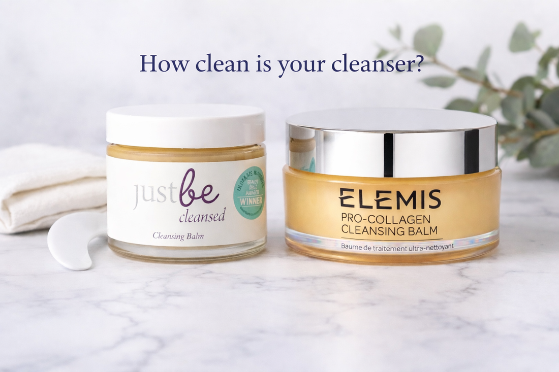 JustBe Botanicals Cleansing Balm sitting beside Elemis Pro-Collagen Cleansing Balm