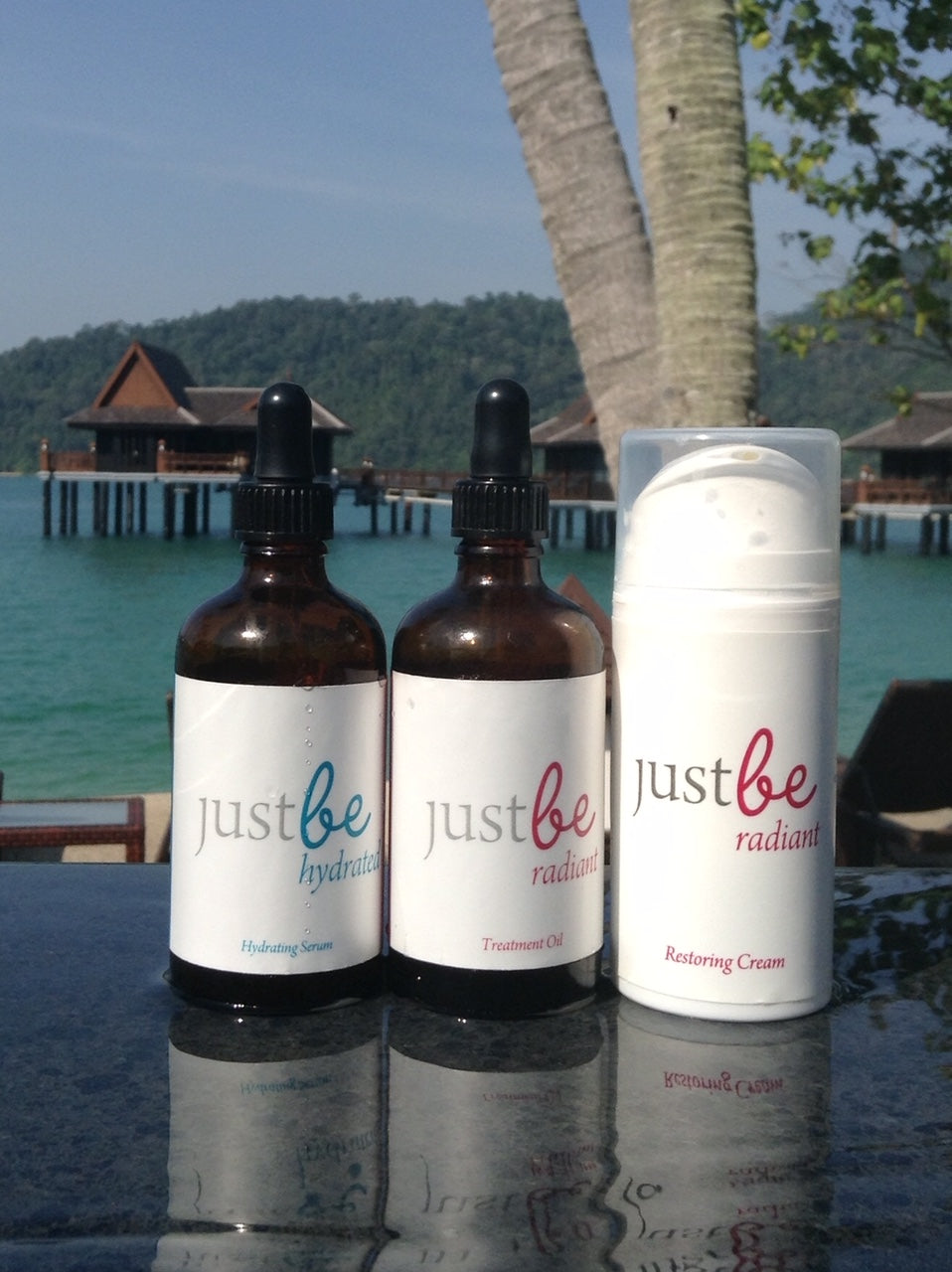JustBe Botanicals Hydrating Serum, Treatment Oil & Face Cream sitting in tropical location