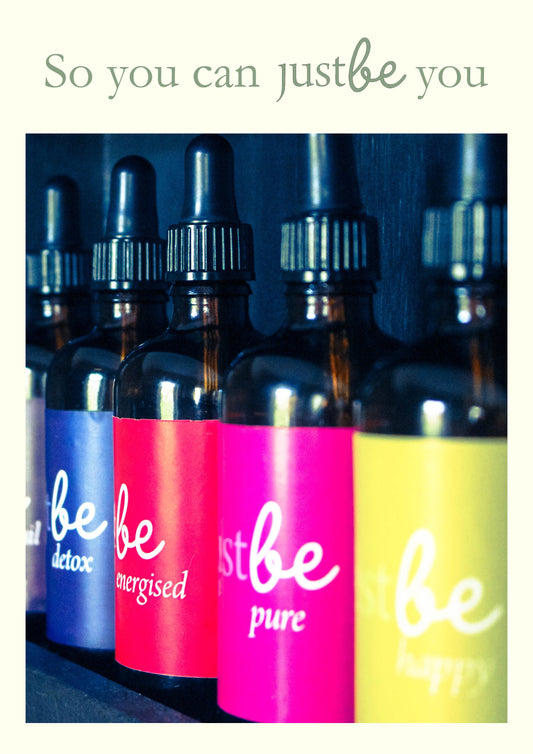 JustBe Botanicals poster showing 4 colourful massage poster with title So you can justbe you