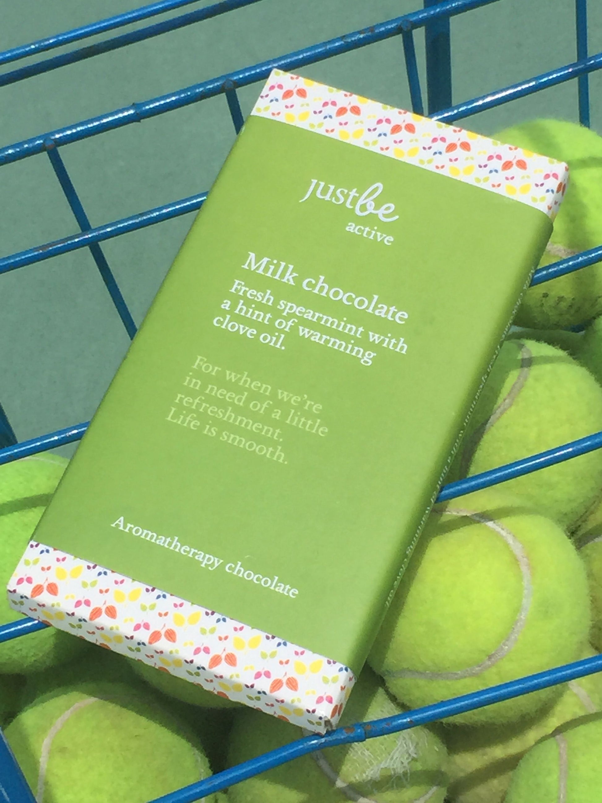JustBe Botanicals Artisan Active Chocolate Bar 100g with tennis balls
