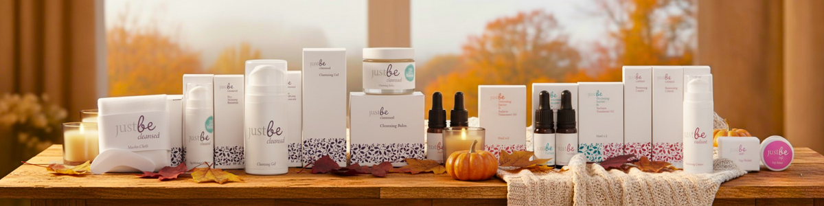 JustBe Botanicals Award Winning Natural Aromatherapy Skincare Collection Autumn Hygge Setting