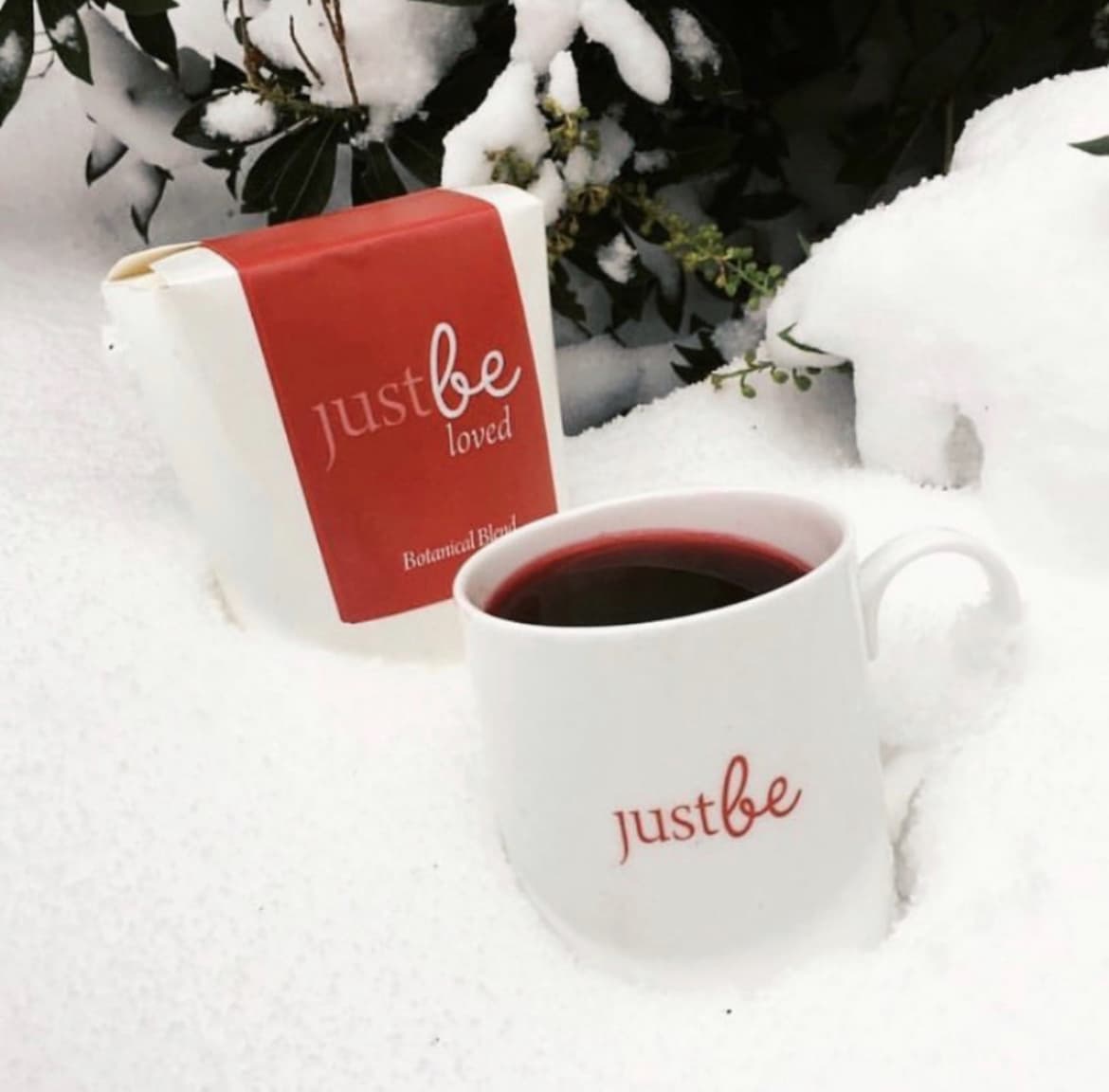 JustBe Botanicals Loved Herbal Tea in snow