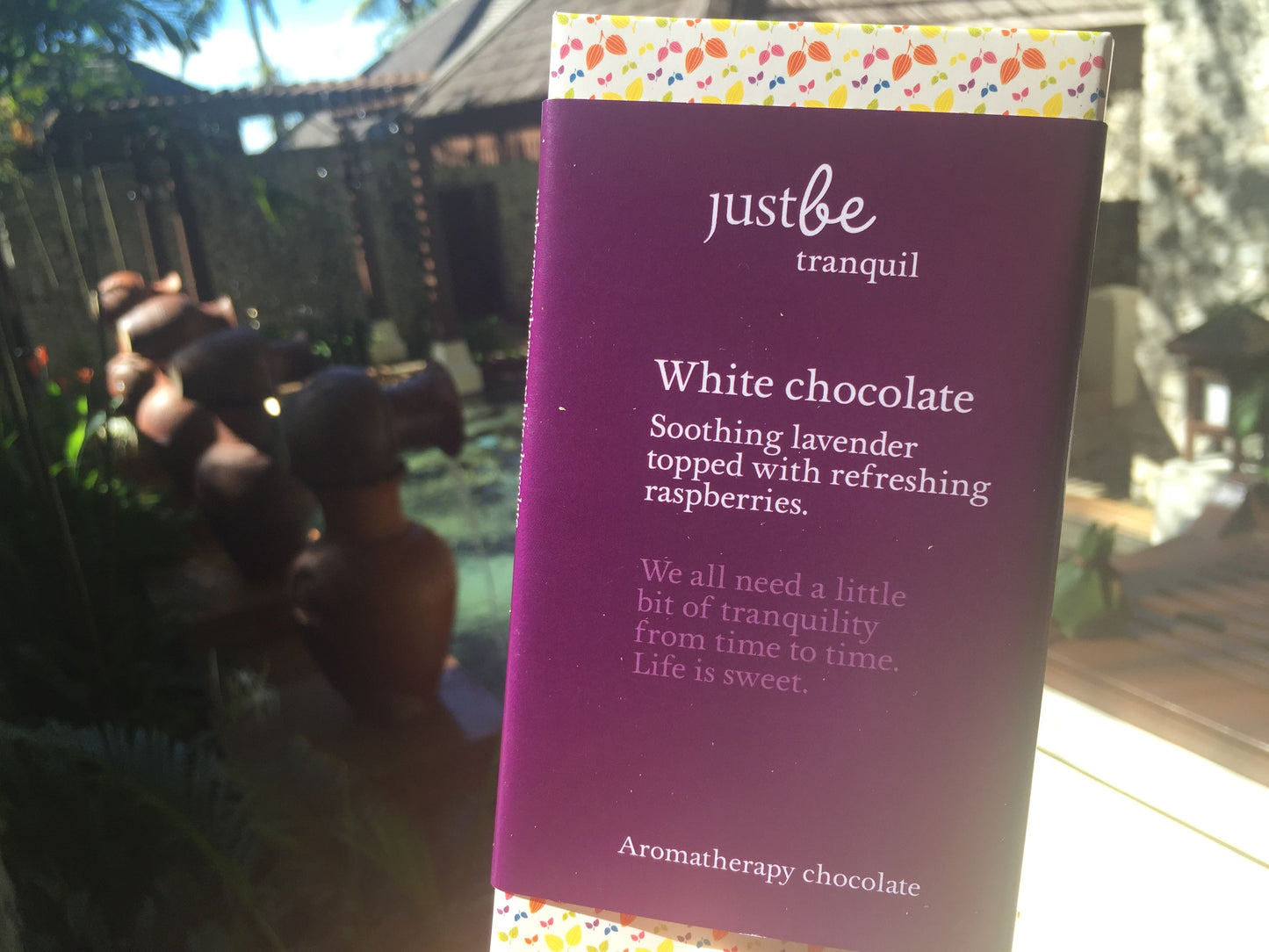 JustBe Botanicals Tranquil Aromatherapy Chocolate bar in tropical Pangkor Laut Spa