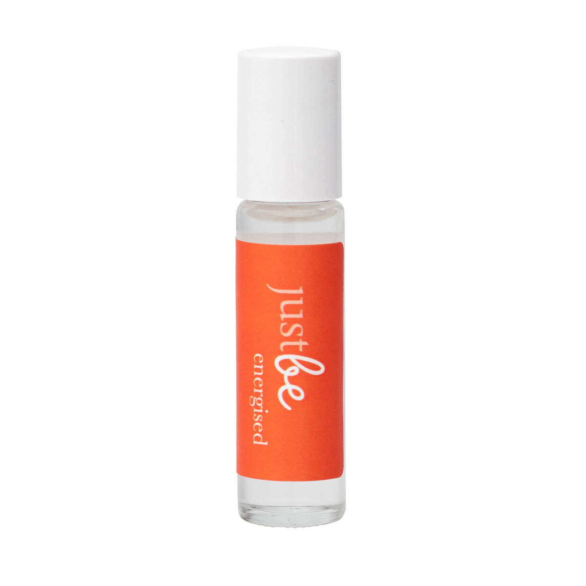 JustBe Energised pulse point oil: invigorating aromatherapy blend with citrus essential oils to boost energy and focus in an orange rollerball bottle with white lid