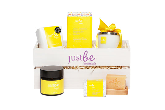 JustBe Botanicals Happy Pamper Hamper: Award winning Body Butter, Herbal Tea, Chocolate Bar, Aromatherapy Candle, Cold Press Soap Bar