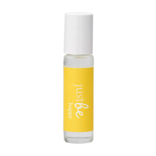 Clear glass rollerball with white cap and yellow JustBe Happy label, filled with 10m uplifting aromatherapy oil.