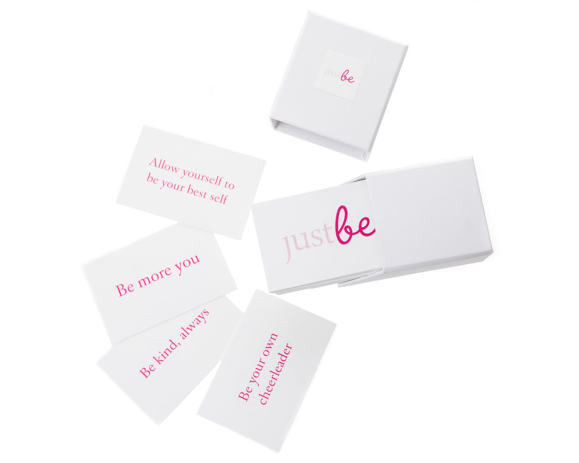 JustBe Kind Inspiration Cards displayed with a white box. Several cards are visible, each with pink text featuring affirmations such as “Allow yourself to be your best self” “Be more you” and “Be kind, always.”