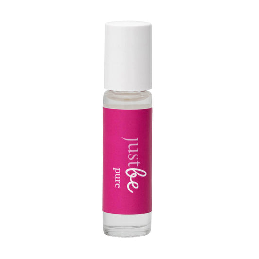 Clear glass rollerball with white cap and pink JustBe Pure label, filled with 10ml of soothing aromatherapy oil.