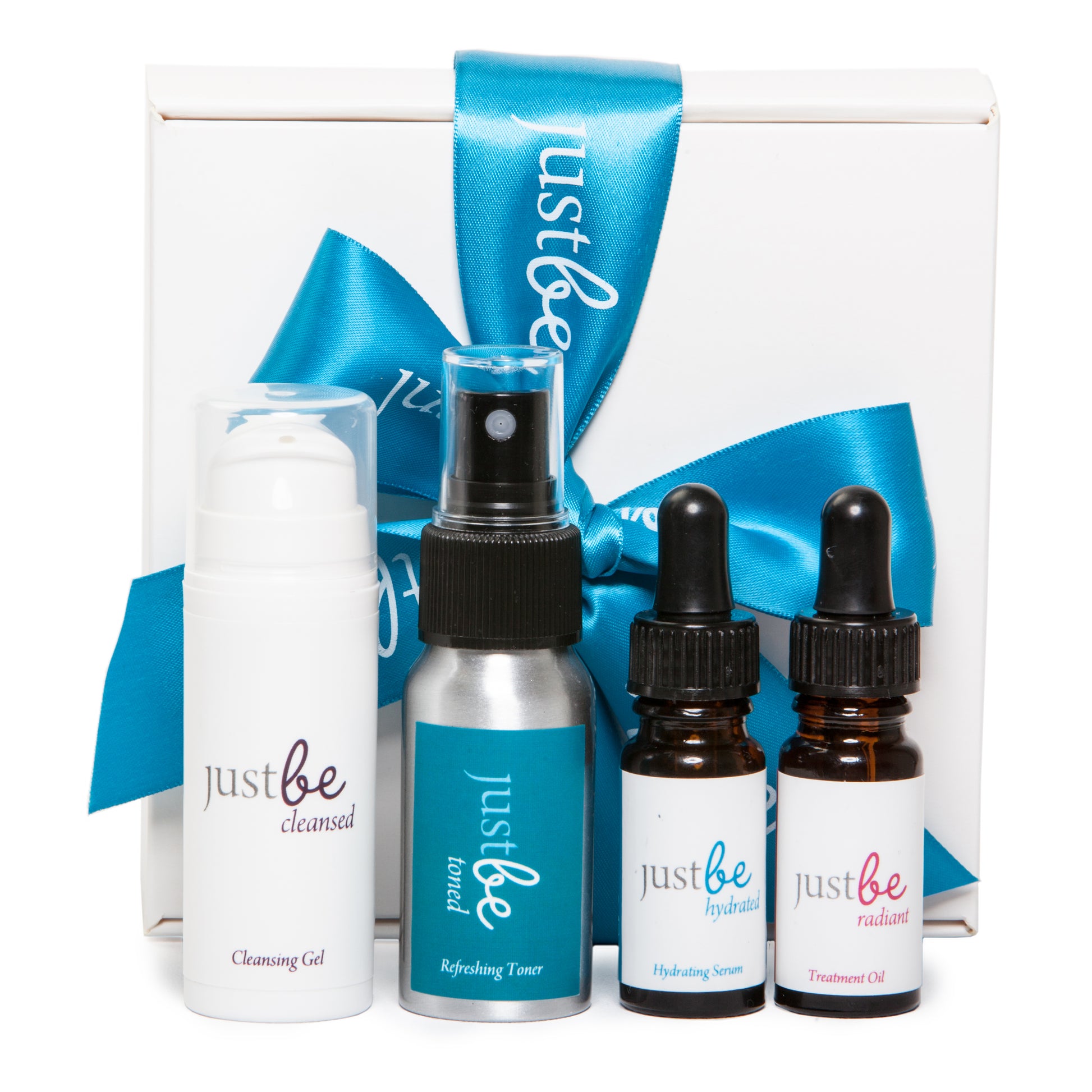 JustBe Botanicals Refreshing Travel Facial Set - 4-piece natural skincare kit with, cleansing gel, refreshing toner, hydrating serum and treatment oil hand-blended in Scotland