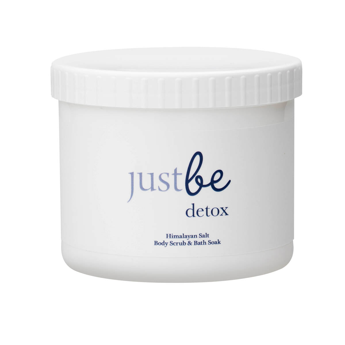 A container of JustBe Detox Himalayan Salt Body Scrub & Bath Soak with a white label pictured on a plain background.