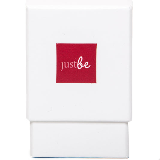 White box with a bold red square logo and white “just be” text, containing JustBe Happy Inspiration Cards