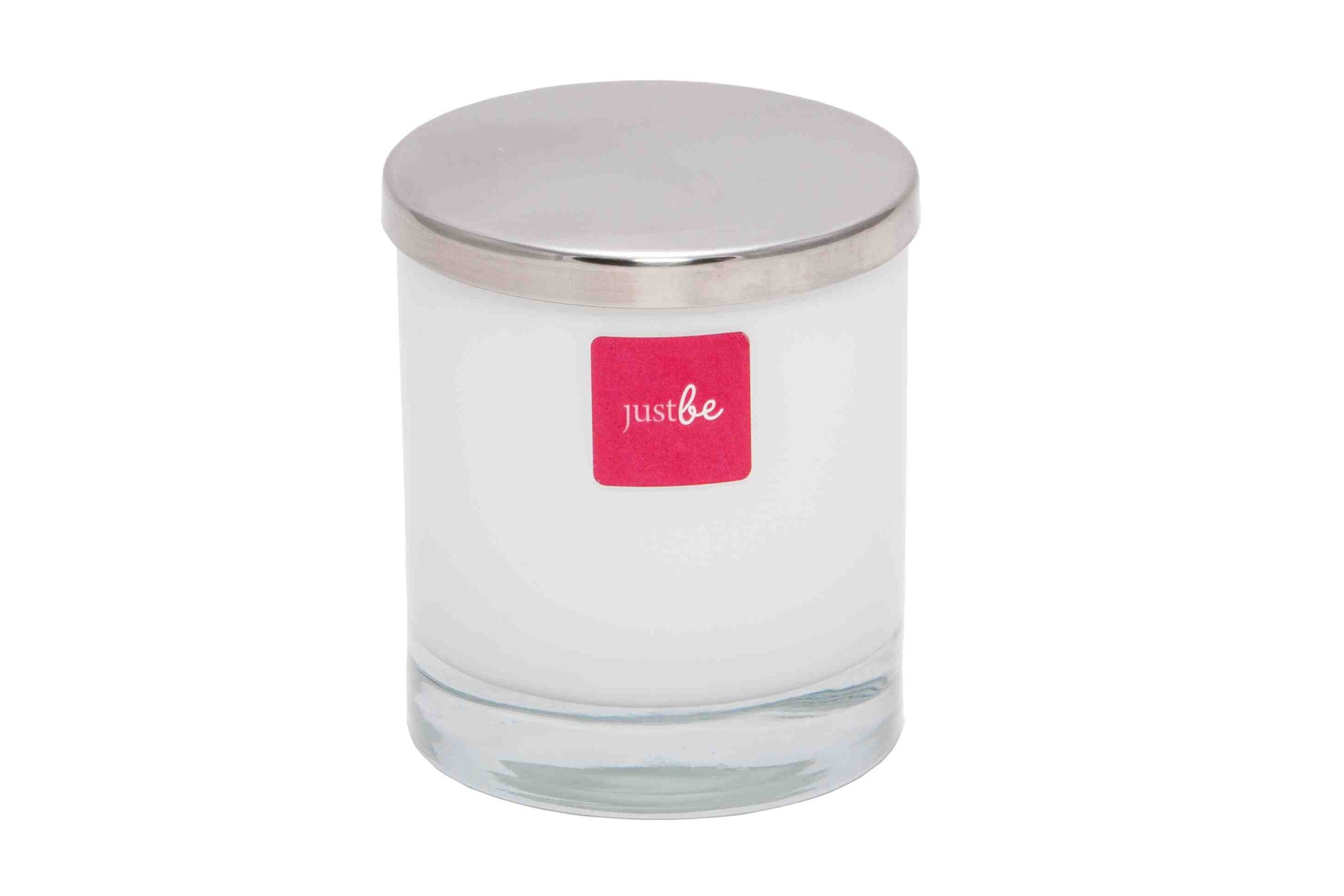 JustBe Festive Soy Candle in white glass container with silver lid